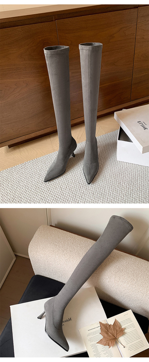 Boot nữ cổ cao qua gối mũi nhọn gót nhỏ chất liệu da lộn co giãn — Lớp lót đơn màu kaki, Lớp lót đơn màu xám, Lớp lót nhung đen, Lớp lót nhung kaki