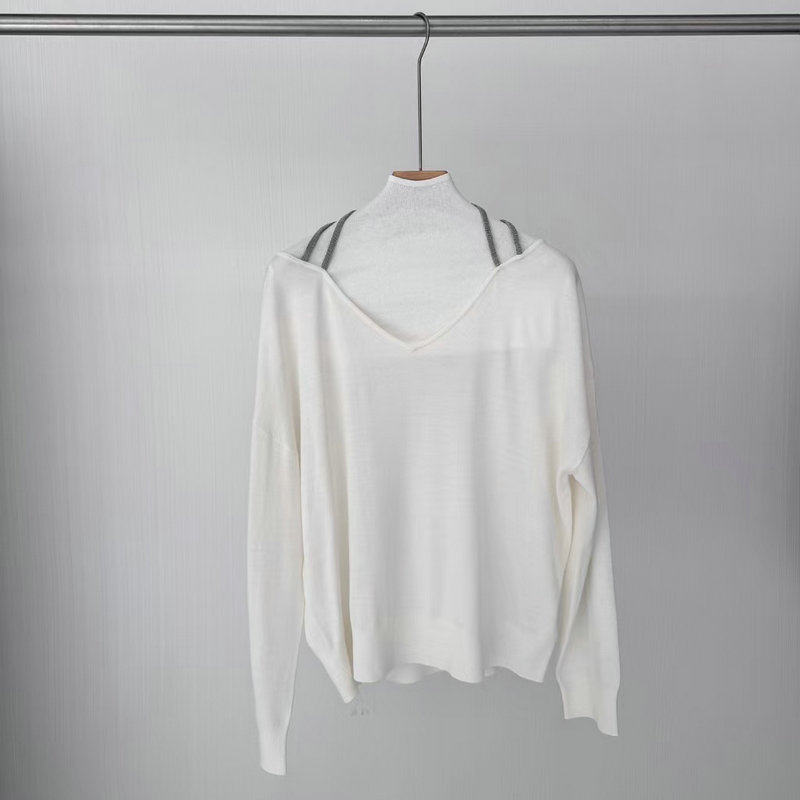 跨境女装26春夏新款BC风V领珠链挂脖针织衫美丽诺羊毛长袖上衣