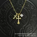 Golden sugar cube-white diamond double cross necklace