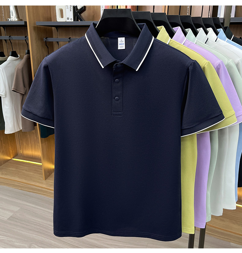 Áo polo nam Leishibert pha cotton lụa tơ tằm, tay ngắn co giãn thoáng mát mùa hè — Xanh biển, Xanh đậu nhạt, Vàng mạch nha, Đen bóng tối