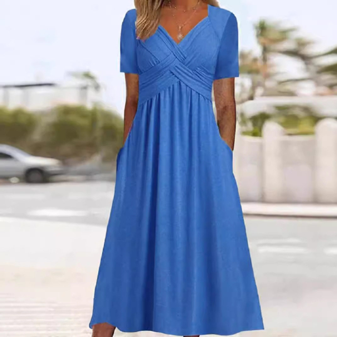 Fashionable Womens Solid Color V Neck Short Sleeve Pocket Dress Autumn Collection Casual Wear OEM Available