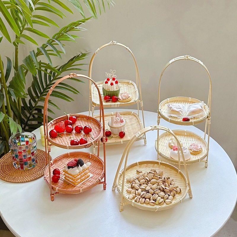 Cooking Tea Around the Stove, Vietnamese Bamboo Basket, Round Single-Layer Small Basket with Handle, Refreshment Fruit Basket, Pastry Tray Creative