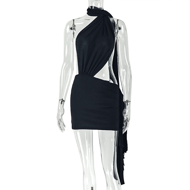 欧美风外贸街头时尚女装拼接露背纯色包臀裙绑带褶皱不对称连衣裙