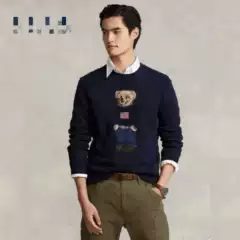 Men's National Flag Bear High-Quality Scannable QR Code R-L Pure Cotton Heavy-Duty Cartoon Popular Bear Autumn/Winter Sweater New Model 26