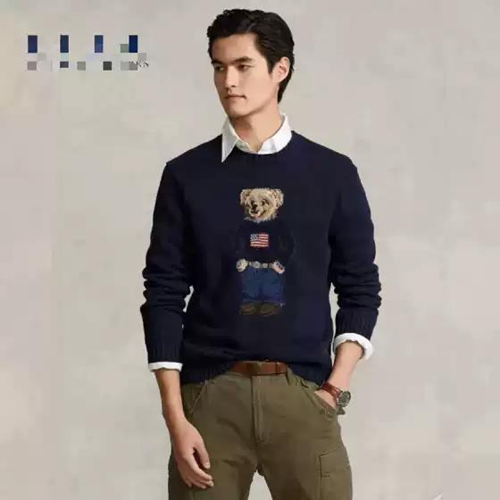Men's National Flag Bear High-Quality Scannable QR Code R-L Pure Cotton Heavy-Duty Cartoon Popular Bear Autumn/Winter Sweater New Model 26