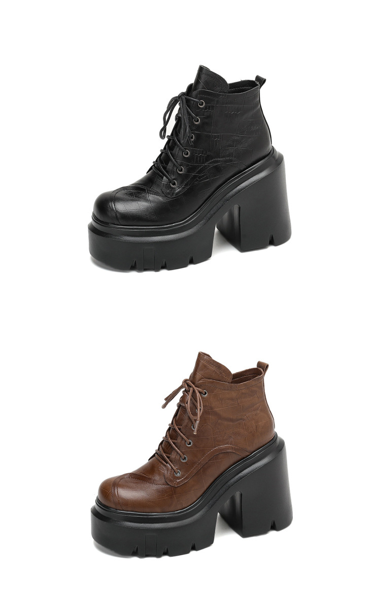 Boot Martin nữ da bò thật tăng chiều cao 12cm gót thô đế dày cổ ngắn — Lớp lót đơn màu đen, Lớp lót đơn màu nâu, Lót nhung đen, Lót nhung màu nâu