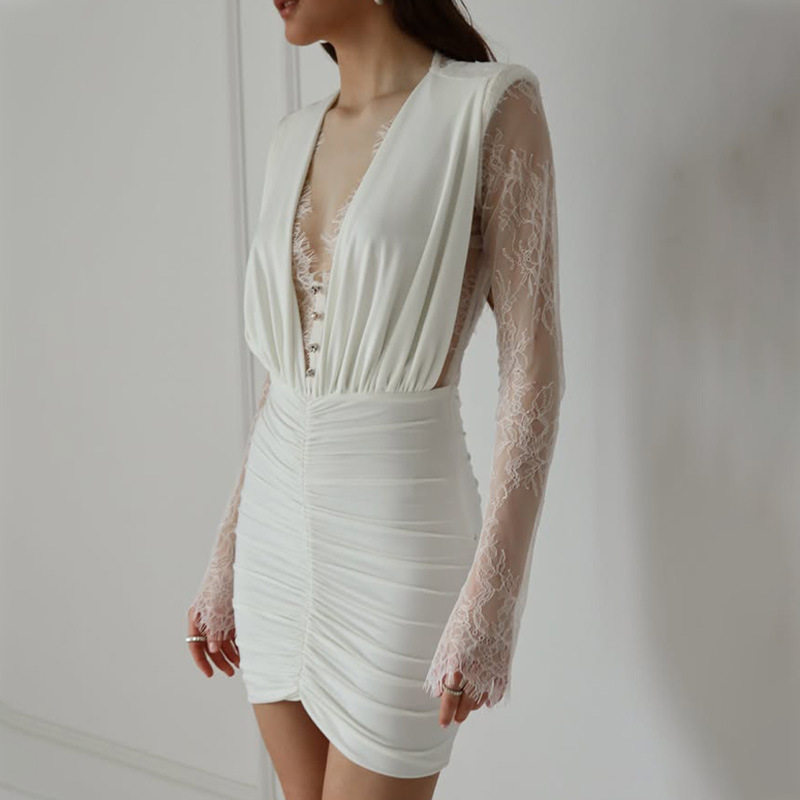 Elegant Womens Dress Solid Color Deep V Neck Lace Panel Waist Defined Slim Fit Cocktail Party or Evening Wear