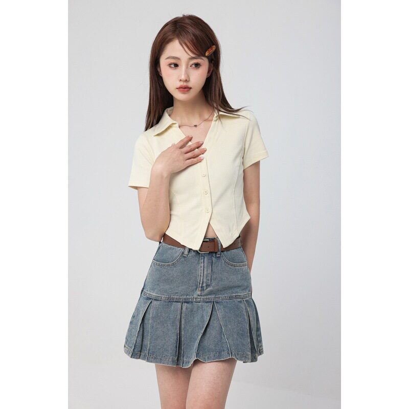 High Waisted Vintage American Style Denim Skirt Flattering A Line Silhouette Pleated Design Includes Belt Spring