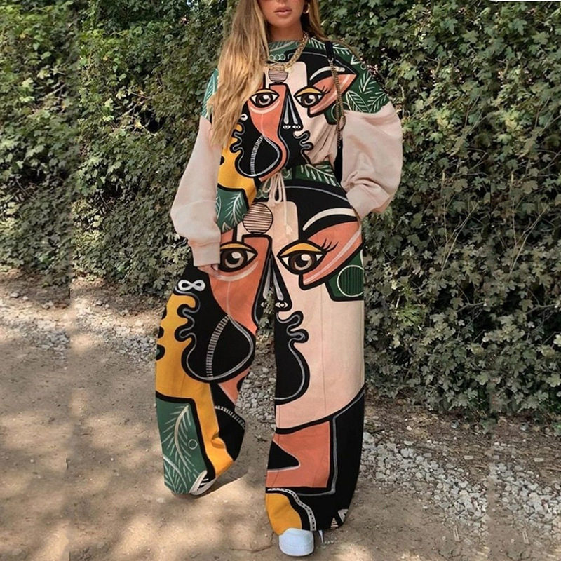 2025 European and American New Export Cross-Border Women's Casual Round Neck Loose Printed Basic Women's Sweatshirt Suit Autumn