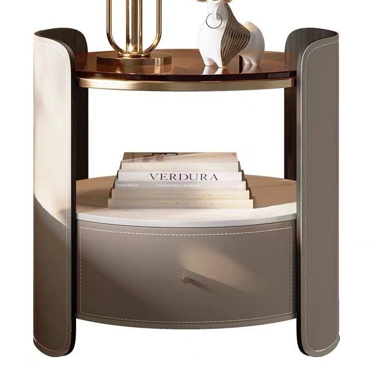 Italian Saddle Leather Round Bedside Table Modern Small Apartment High-end Solid Wood Bucket Cabinet Bedroom Bedside Cabinet Storage Cabinet