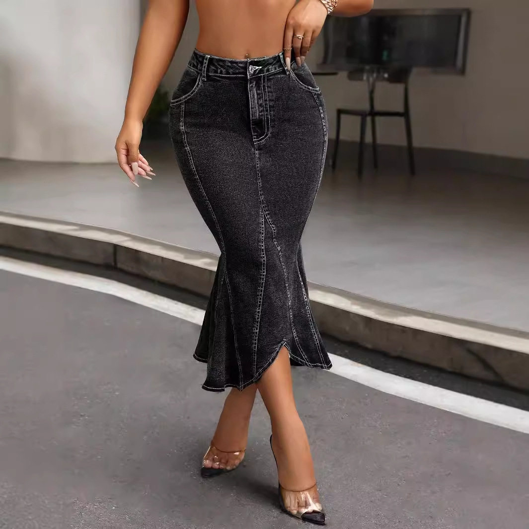 Irregular Hem Bodycon Denim Skirt Womens Fishtail Design Stretch Fabric Casual Chic Wholesale Available