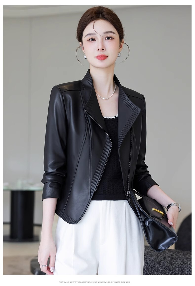 Áo khoác da cừu nữ dáng ngắn cổ đứng ôm body — Màu đen