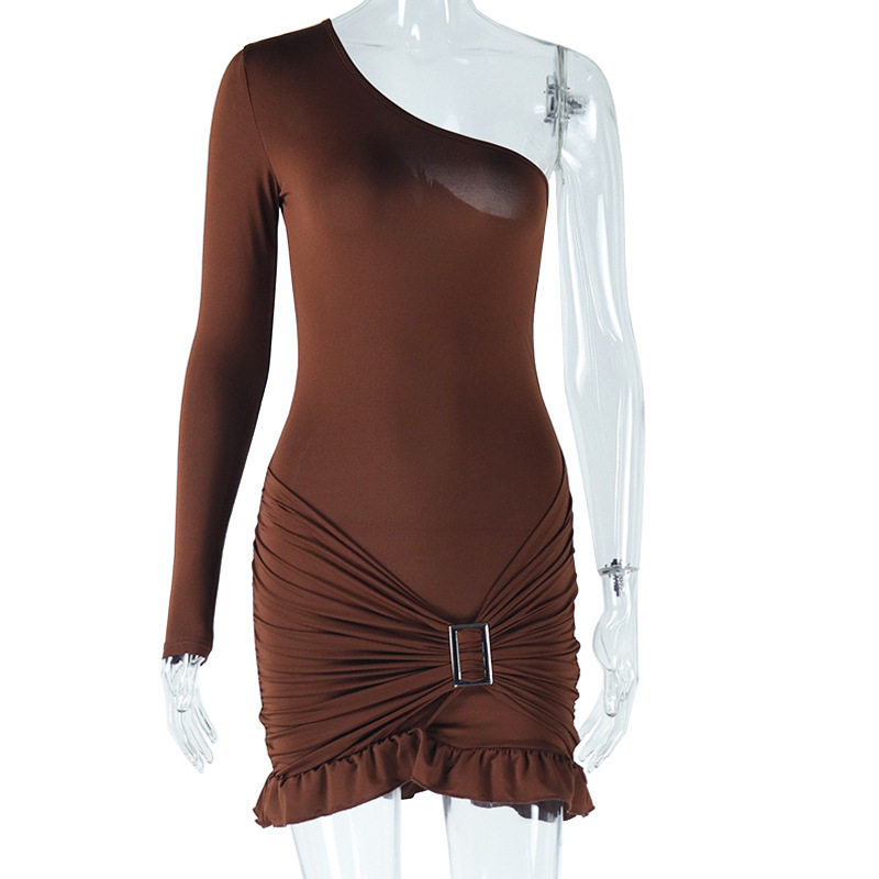 Asymmetrical One Shoulder Dress Solid Color Ruffle Hem Metallic Accents Elegant Evening Wear Wholesale Available