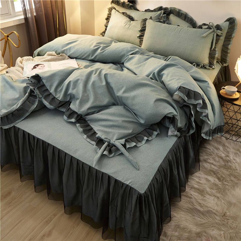 Lace Bed Skirt Four-piece Set Solid Color Girl's Bed Skirt Bed Cover Princess Wind Bed Quilt Cover Three-piece Set Sanding