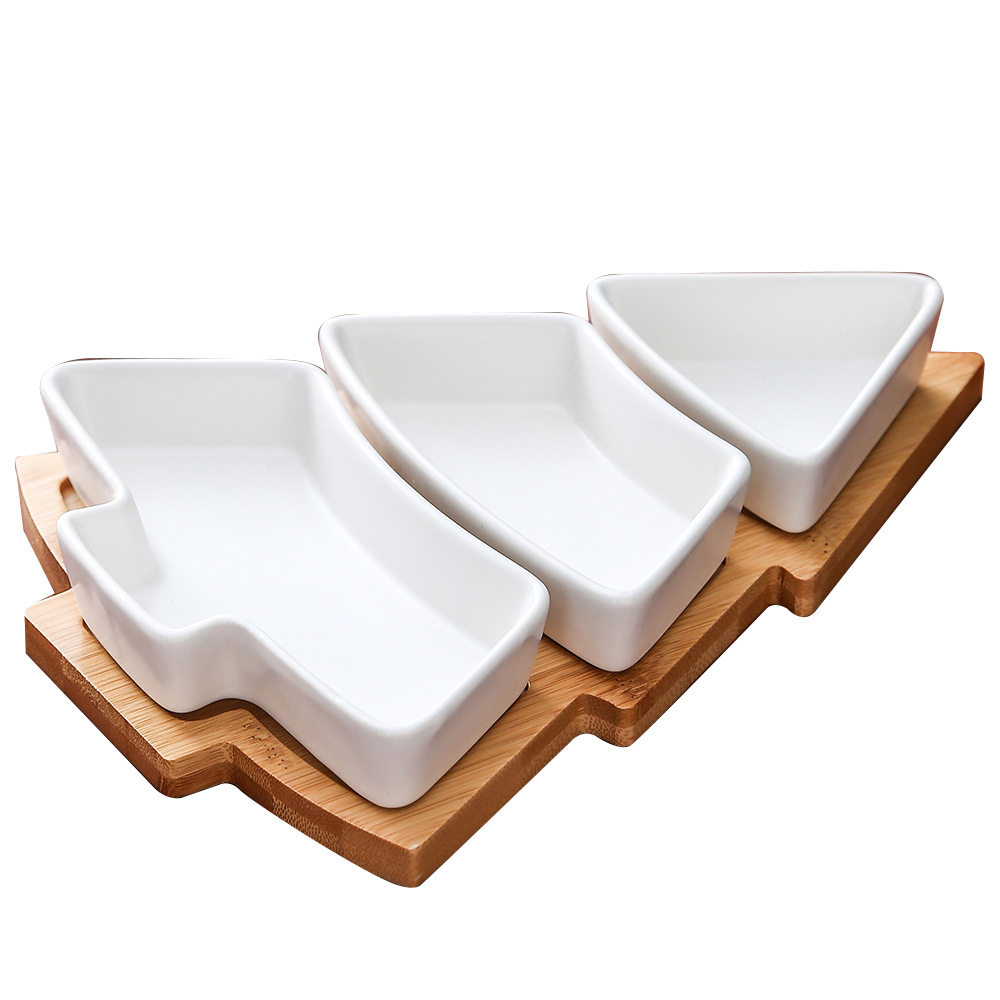 Creative Christmas tree ceramic snack plate with bamboo plate Christmas tree-shaped plate dessert fruit plate candy plate cross-border exclusive