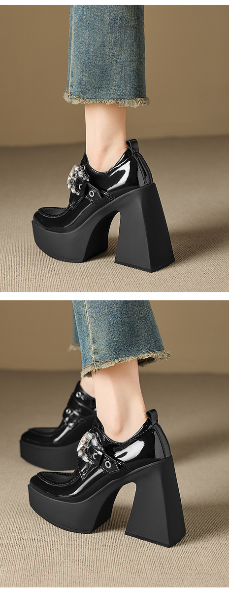 Giày lười nữ cao gót 12cm mũi nhọn đế dày khóa thắt lưng — màu đen