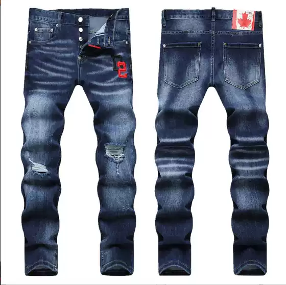 New Streetwear Men's Embroidered Ripped Jeans Slim Straight Mid-Rise Casual Denim Pants