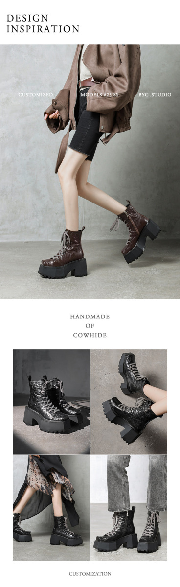 Boot Martin nữ đế dày 9cm mũi vuông gót thô tăng chiều cao — Màu đen lót một lớp, Màu đen lót nhung, Màu nâu lót một lớp, Màu nâu lót nhung
