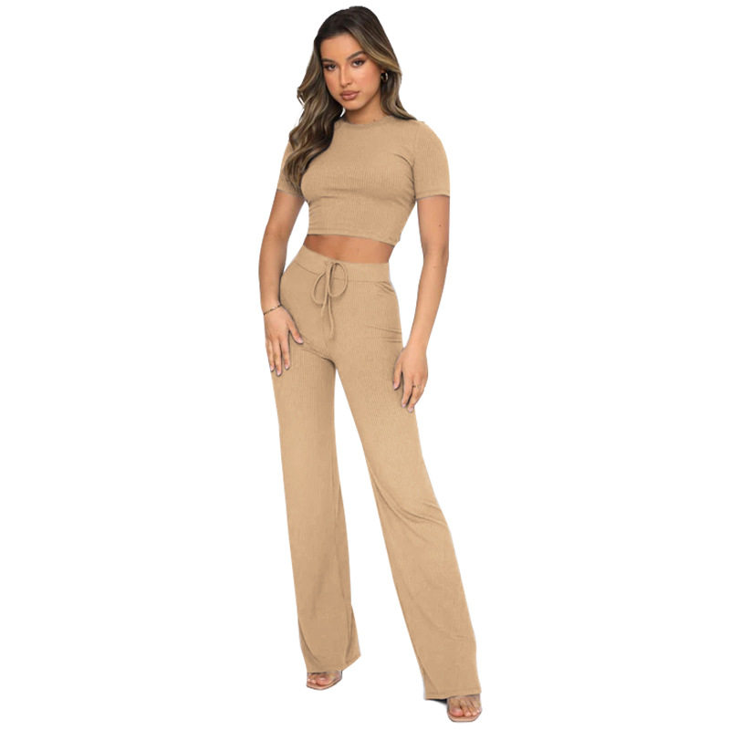 Cross-border European and American New Fashion Casual Suit Women's Solid Color High Elastic Body Shaping Short Sleeve Pit Wide Leg Pants Two-piece Set