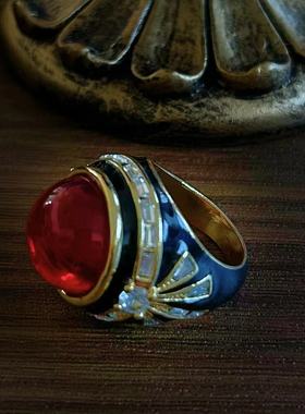 仿中古vintage饰品 古董法式红宝石珐琅黑色蝴蝶结复古戒指指环