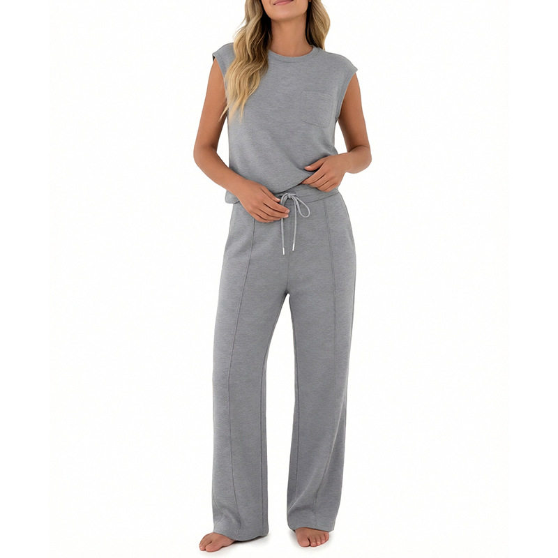 Womens Spring Two Piece Set Sleeveless Top Long Pants Solid Color Casual Style Wholesale Available