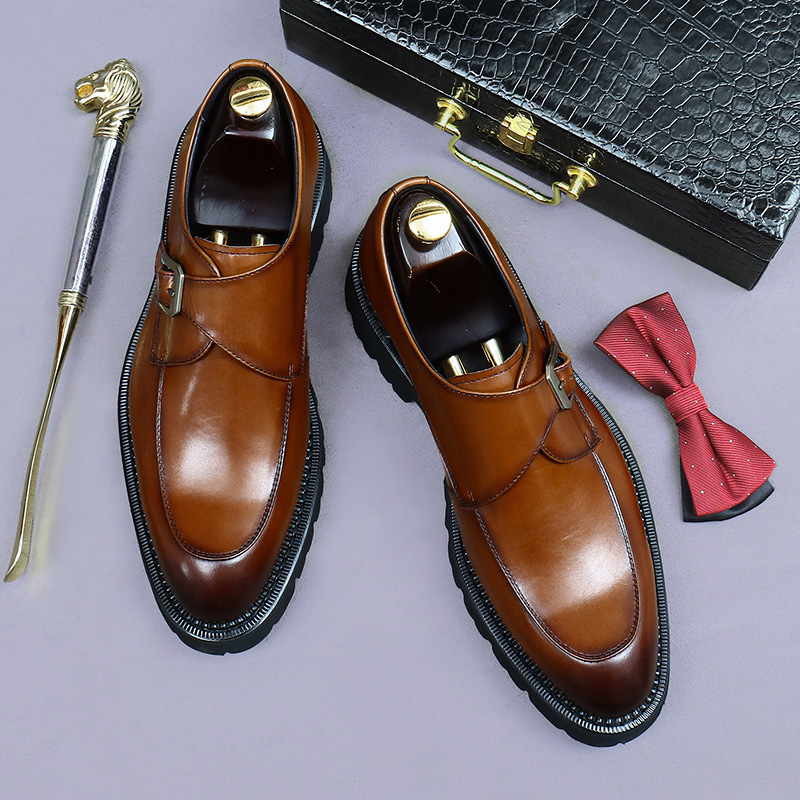 Giày monk strap nam da bò mũi tròn khóa thủ công — nâu, đen
