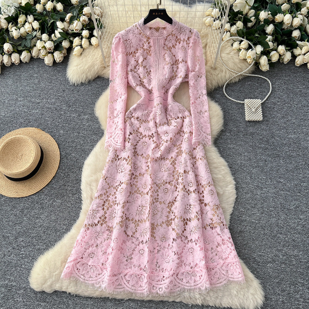 French Style Elegant Lace Dress High End Crochet Design Slim Fit Autumn Fashion Perfect for Formal Occasions