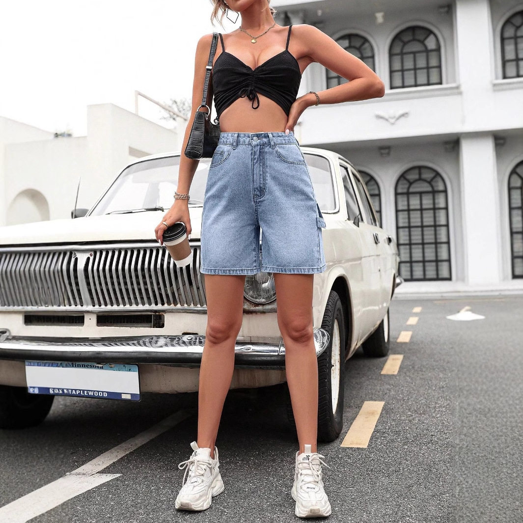 High Waisted Straight Leg Denim Shorts Stylish Casual Comfortable Summer Fashion for Women Wholesale Available