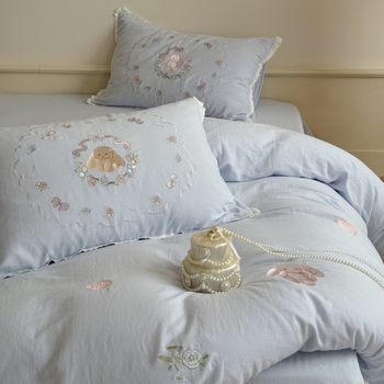 Nuojiji丨princess style pure cotton wrinkled gauze soft waxy four-piece set double-layer gauze embroidered pure cotton sheets and fitted sheets