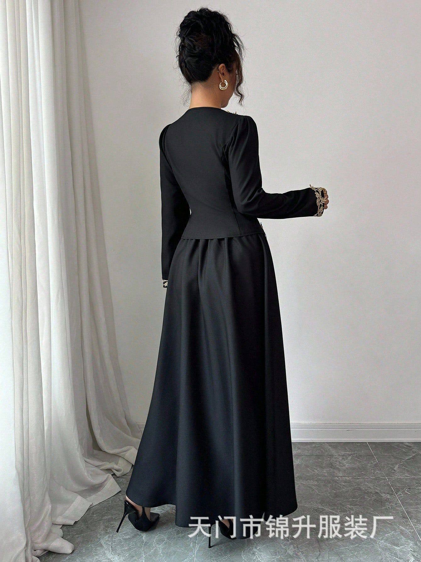 Cross-Border Export Women's Elegant V Neck Embroidered Waist Slimming Look Two-Piece Skirt Suit