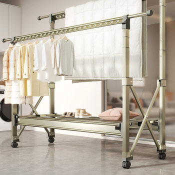 Floor-Standing Foldable Clothes Drying Rack for Home Balcony, Aluminum Alloy Adjustable Height Clothes Drying Rod, Clothes Hanger for Drying Quilts, Adjustable Height