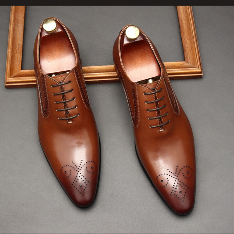 Giày Oxford nam da bò mũi nhọn chạm lỗ brogue phong cách công sở — Đỏ rượu, Nâu vàng, Màu cà phê, cà phê đỏ