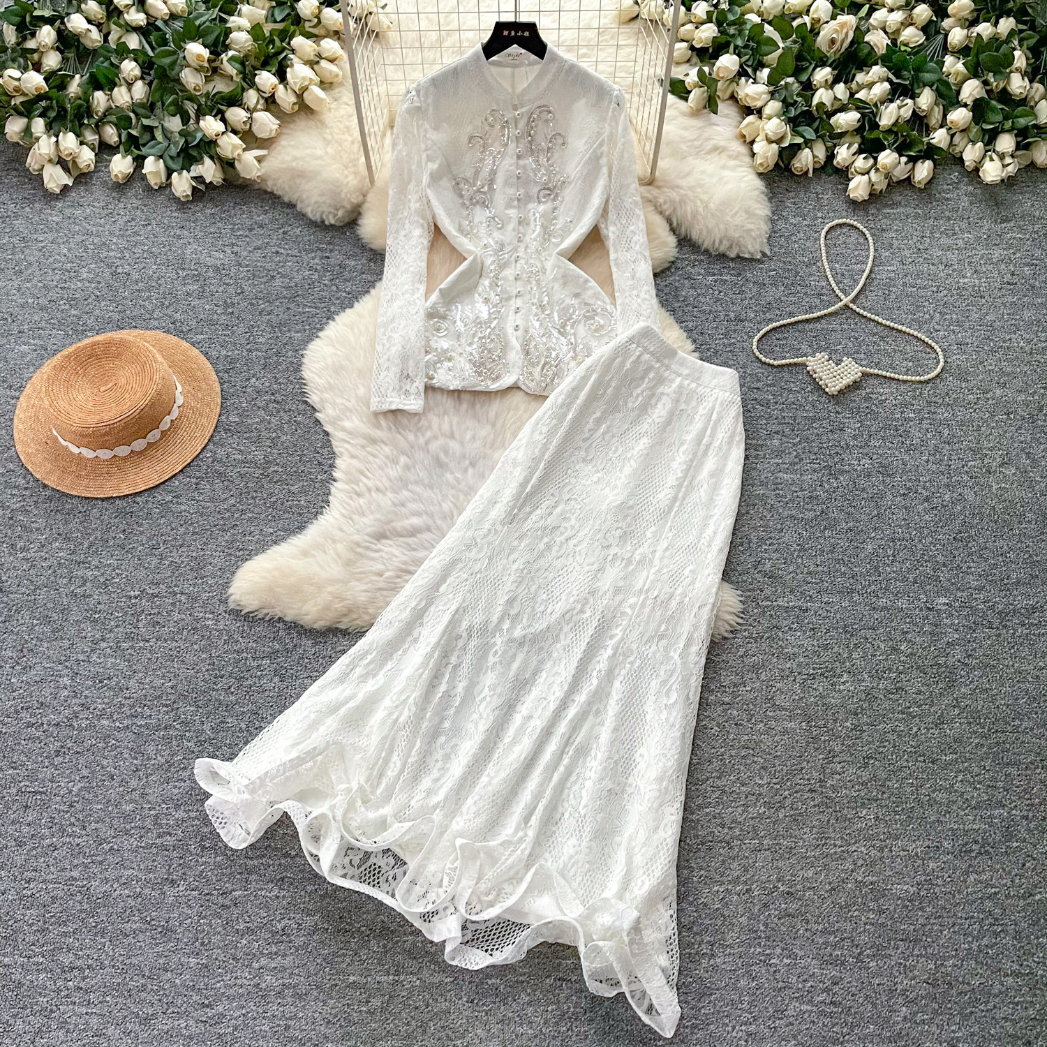 French Elegant Two Piece Set Beaded V Neck Lace Detail Hollow Out Design Spring Autumn Fashion Wholesale Available