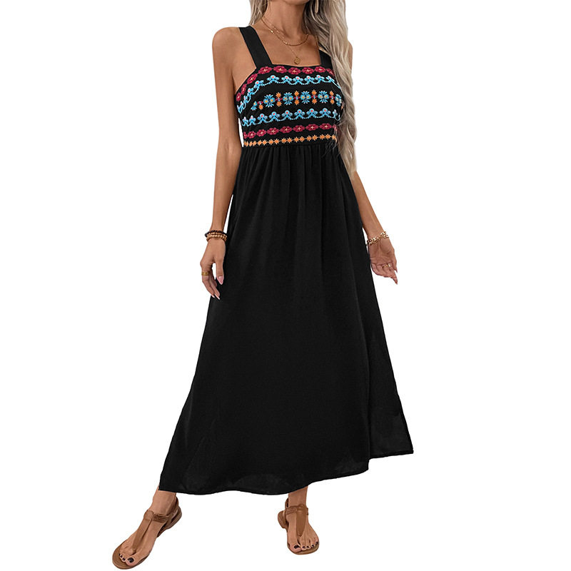 Summer Vacation Maxi Dress Colorful Ethnic Embroidery Sleeveless Lightweight Fabric Wholesale Available