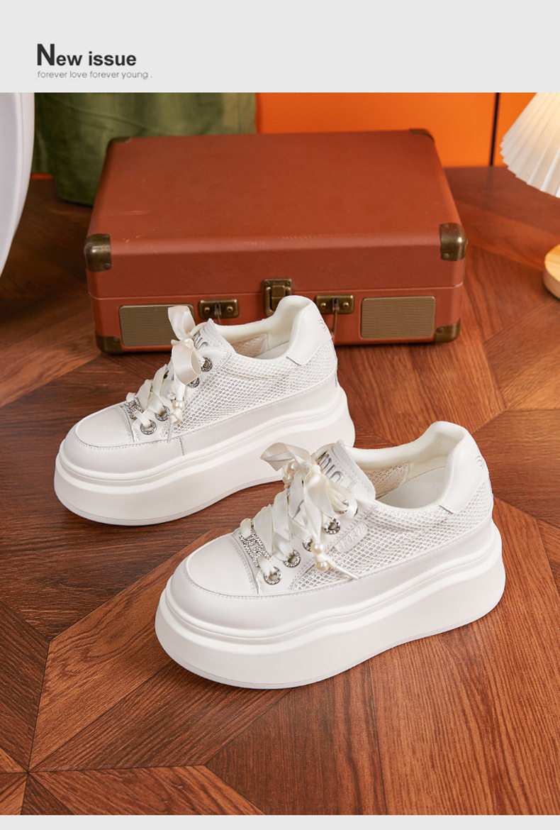 Giày sneaker nữ chunky đế dày trắng phối dây buộc phong cách platform — Trắng, Bột trắng chi tiết 12