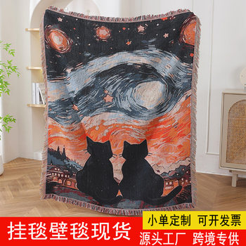 Customized Galaxy Love Cat Camping Blanket Picnic Blanket Multifunctional Cotton Thread Blanket Tapestry Sofa Cover Blanket Outdoor Camping Carpet