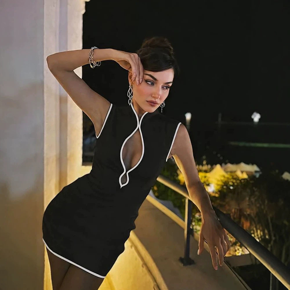 Elegant Womens Dress Simple Color Blocked Design Hollow Out Details Slim Fit Versatile for Casual or Formal