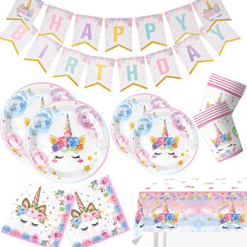 Cross-border Unicorn Party Tableware Children's Birthday Paper Tray suit Paper Cup Paper Towel Baptism Powder Eyebrows Party Supplies