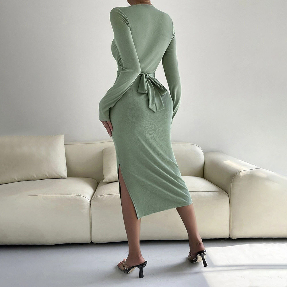 Womens Long Sleeve Bodycon Midi Dress Round Neck Slim Fit Elegant Style Perfect for Parties and Events Wholesale