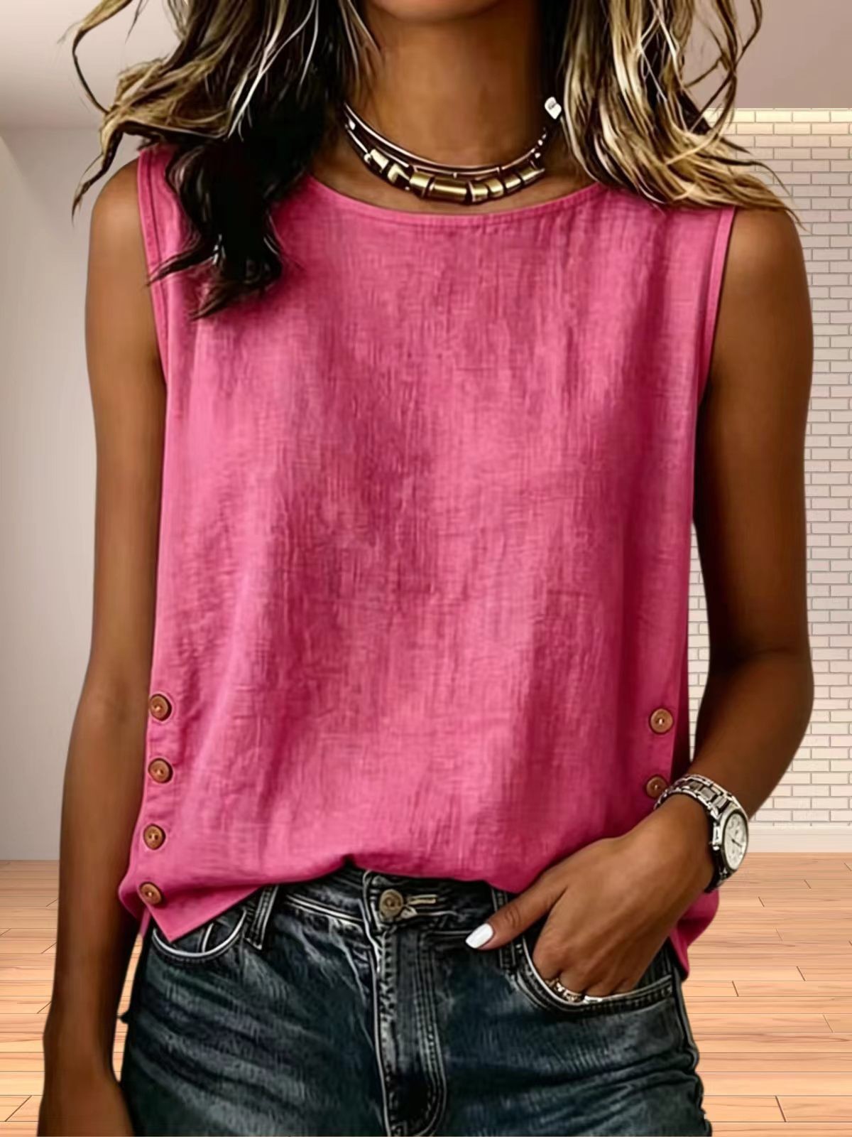 Womens Summer Sleeveless Loose Fit Tank Top Solid Color Round Neck Casual Style Wholesale Available