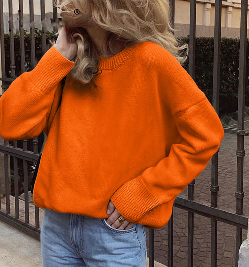 Womens Knit Sweater Round Neck Loose Fit Solid Color Autumn Winter Fashion Wholesale Available