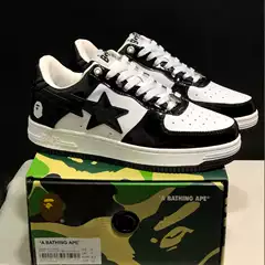 Bape Sta X Air Force X Marvel Black and White Panda Patent Leather Thick-Soled Height-Increasing Low-Top Unisex Sneakers