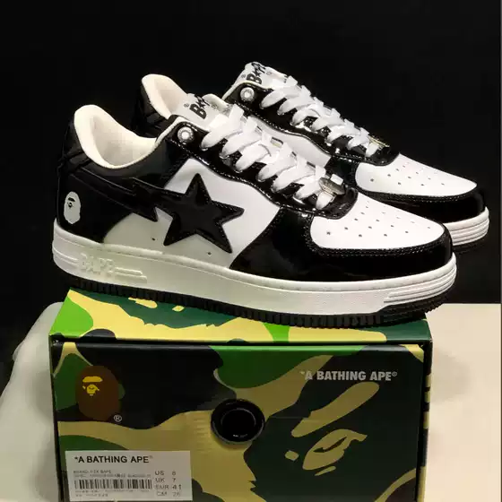 Bape Sta X Air Force X Marvel Black and White Panda Patent Leather Thick-Soled Height-Increasing Low-Top Unisex Sneakers