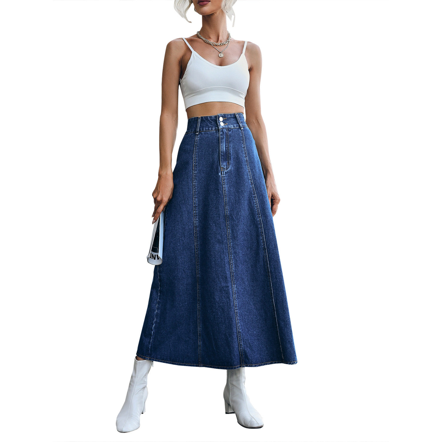 High Waisted A Line Denim Skirt Loose Fit Mid Length Fashionable Design Casual Wear for Women Wholesale Available