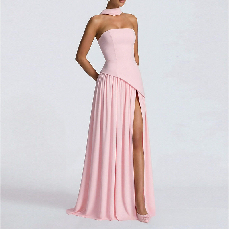 Womens Summer Dress Elegant Solid Color Pleated Design Side Slit Perfect for Casual or Formal Occasions Wholesale