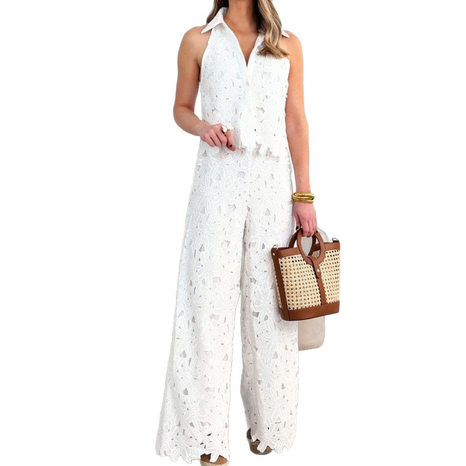 French Summer Embroidered Hollow V Neck Tank Top and Wide Leg Straight Pants Set Elegant Design Perfect for Casual