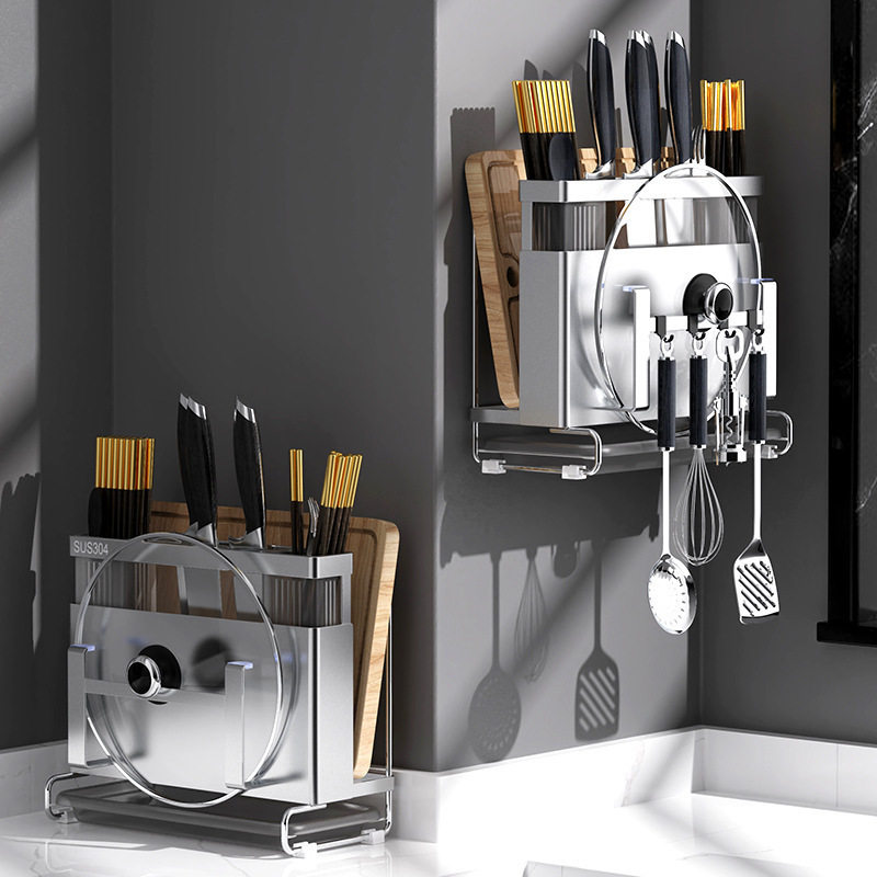 304 Stainless Steel Knife Holder Wall Hanging Multifunctional Kitchen Chopsticks Cage Integrated Kitchen Knife Pot Cover Knife Cutting Board Storage Rack