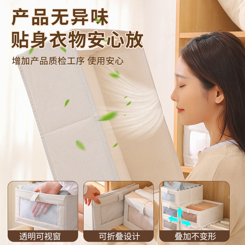 Large-Capacity Clothing Storage Box, Foldable Cotton and Linen Fabric Storage Box with Visible Window, Wardrobe Organizer, Toy Storage Box Wholesale
