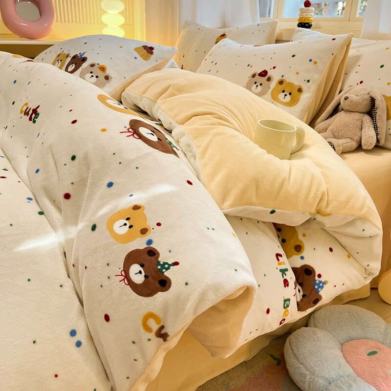 Class A winter milk velvet four-piece set small fresh bedding sheets double-sided fleece-lined thick quilt cover three-piece set