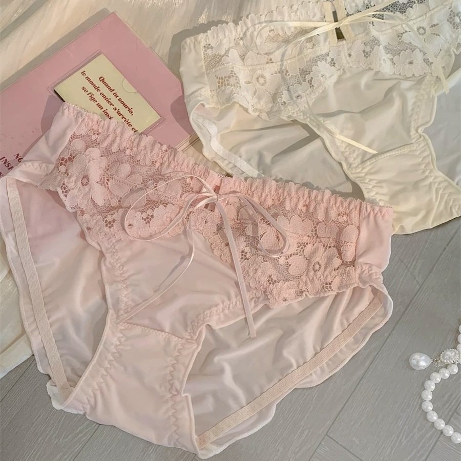 Pure Rose ~ New French Sexy Lace Panties Pure Desire Bow Breathable Cotton Crotch Women's Briefs